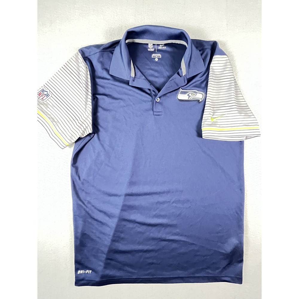 Nike Polo Shirt Mens M Blue Seattle Seahawks Onfield Dri-Fit Striped Sleeve NFL